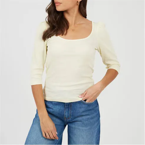 Brave Soul Womens Puff Sleeve Square Neck Top