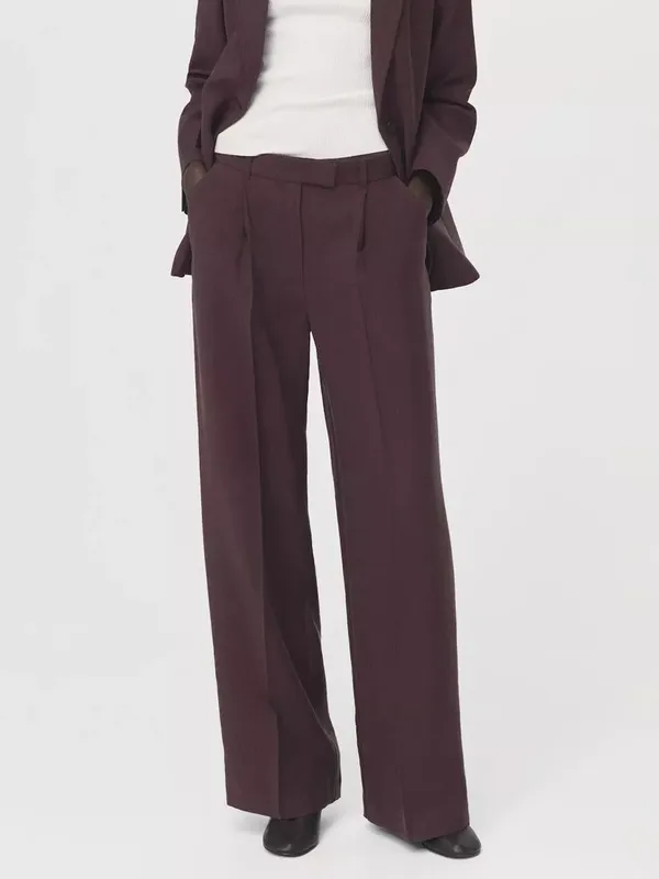 Mango Low Rise Pleated Wide Leg Trousers, Plum