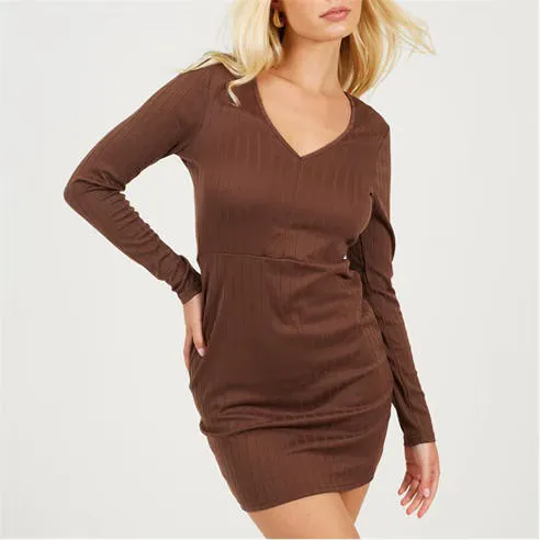 Brave Soul Womens V-Neck Long Sleeve Mini Dress
