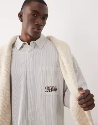 oversized stripe shirt with pocket embroidery in grey