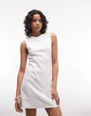 cinched waist sleeveless mini dress in white