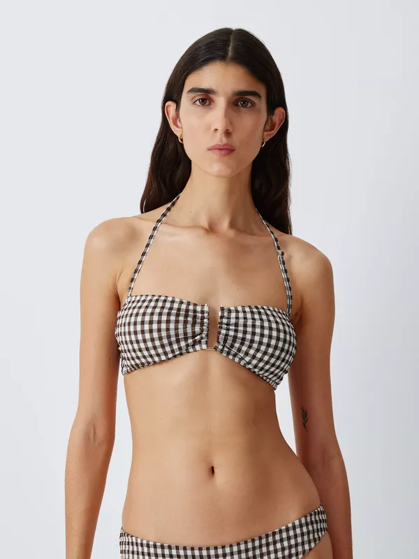 John Lewis Gingham Tie Back Bandeau Bikini Top, Chocolate