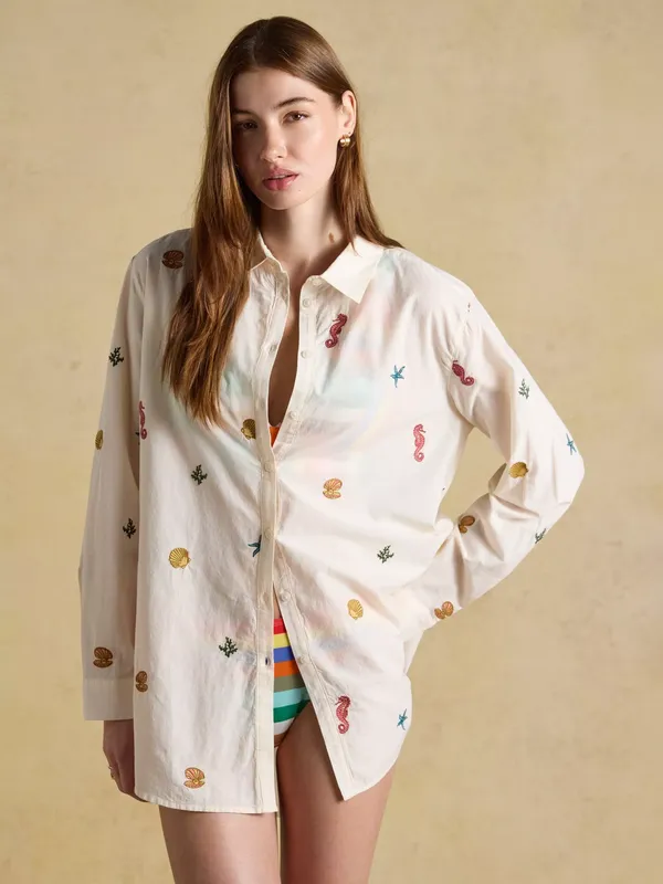 Joules Embroidered Holiday Icons Longline Shirt, Cream