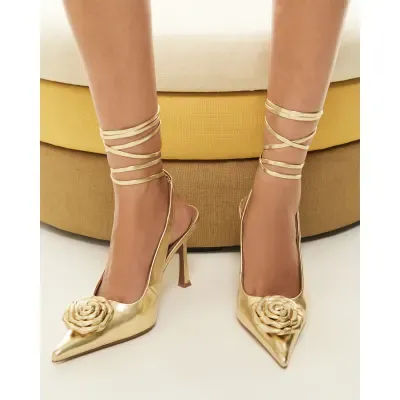 Gold Lace Up Rose Court Heels
