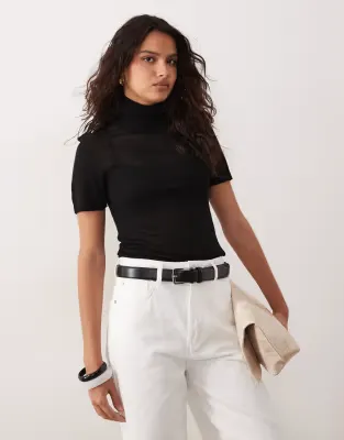 knitted grown on neck sheer t-shirt in black