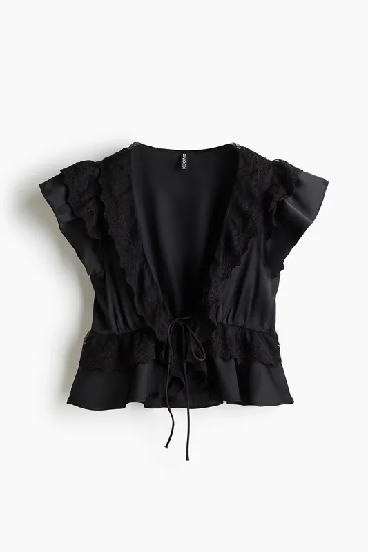 Flounce-trimmed satin blouse
