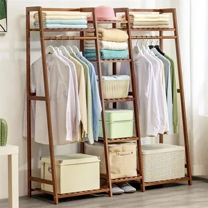 Bamboo Multi-Functional Clothes Rack with 5-Tier Storage Shelves - Dark Brown