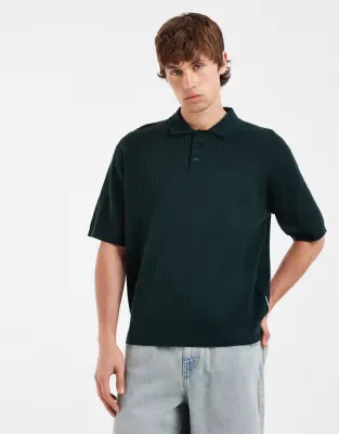felix oversized knitted button up polo shirt in dark green
