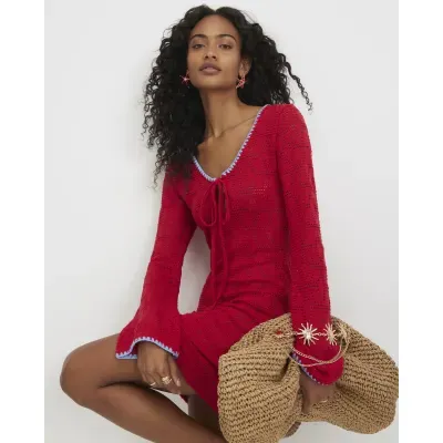 Red Crochet Whipstitch Mini Dress