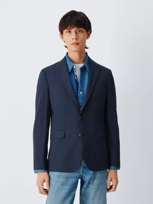 John Lewis Seersucker Wool Blend Regular Fit Blazer, Navy