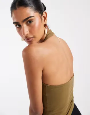 double layer minimal halter neck top in khaki