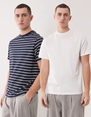 Essentials 2 pack regular fit t-shirt in white and navy stripe
