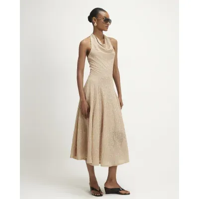 Beige Textured Halter Neck Midi Dress