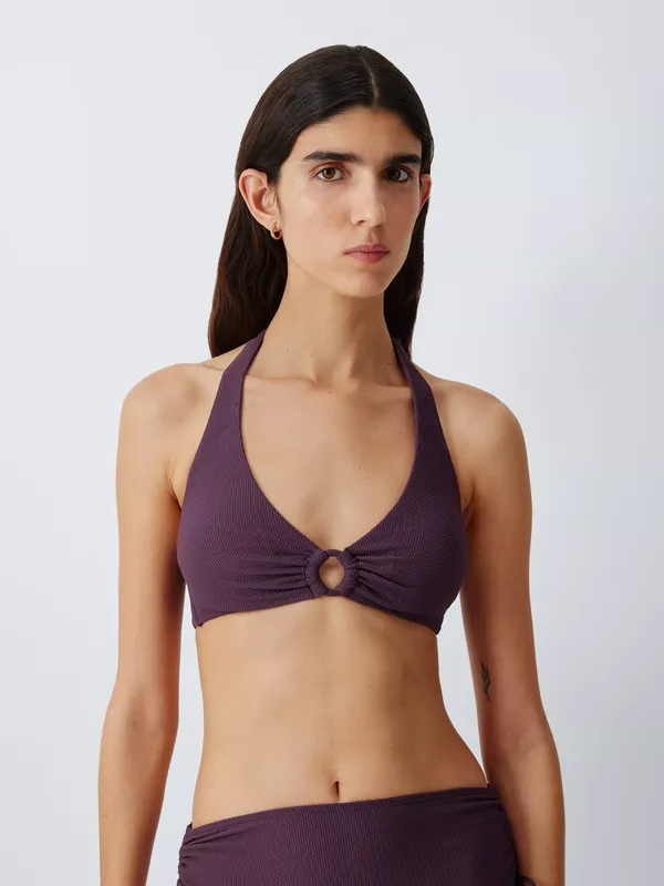 John Lewis Yucatan Ring Detail Textured Halterneck Bikini Top, Plum