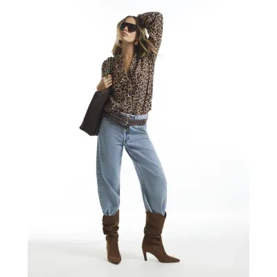 Brown Cotton Leopard Pintuck Blouse