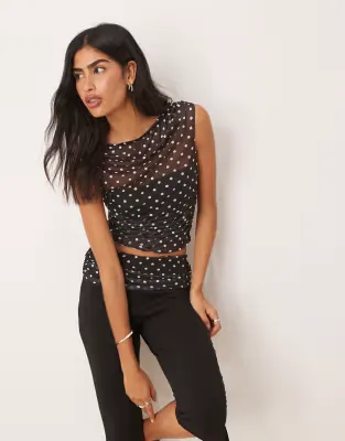 co-ord gathered short sleeve off shoulder mesh top in black polka dot