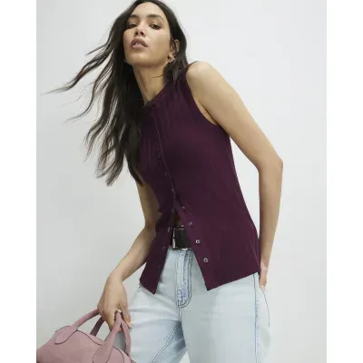 Red Cotton blend Popper Tank Top