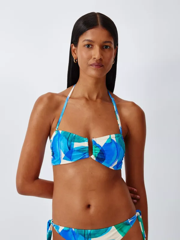 John Lewis Tahiti Leaf Tie Back U-Bar Bandeau Bikini Top, Ivory/Blue Print