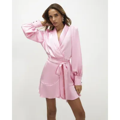 Pink Satin Wrap Front Mini Dress