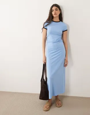 contrast ringer detail midi t-shirt dress in dusty blue