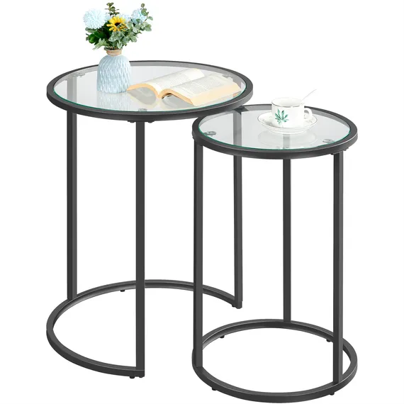 Round End Table Set with Glass Top - Black