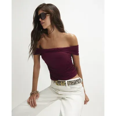 Burgundy Twist Front Bardot Top