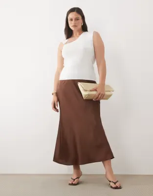 New Look Curve satin bias midi skirt in brown