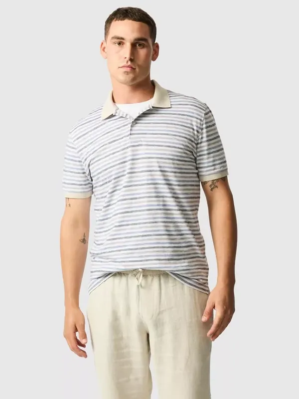 Rodd & Gunn Somes Island Striped Premium Cotton Slim Fit Short Sleeve Polo Shirt, Natural