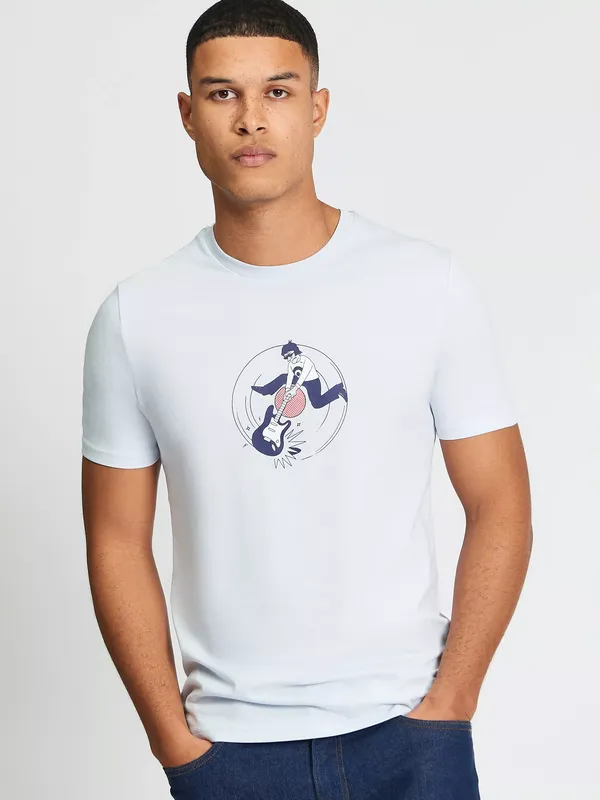 Ben Sherman Regular Fit Guitar Smash Graphic Print Cotton T-Shirt, Light Blue
