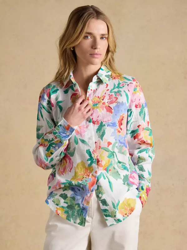 Joules Anna Floral Long Sleeve Pure Linen Shirt, Multi