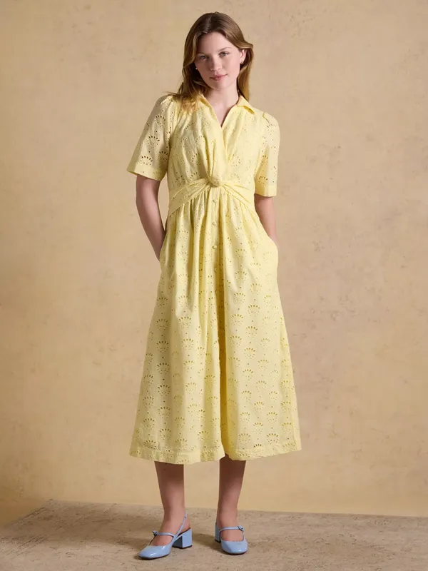 Joules Marina Linen Blend Broderie Dress, Yellow