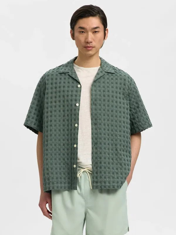 Selected Monty Textured Check Regular Fit Short Sleeve Shirt, Balsam Green