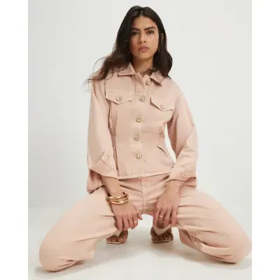 Pink Waisted Button Detail Denim Jacket