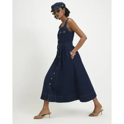 Blue Denim Belted Pocket Longline Midi Dress
