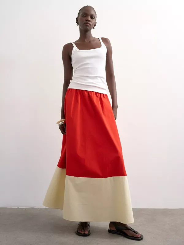 Topshop Colour Block Cotton Maxi Skirt, Cream/Orange