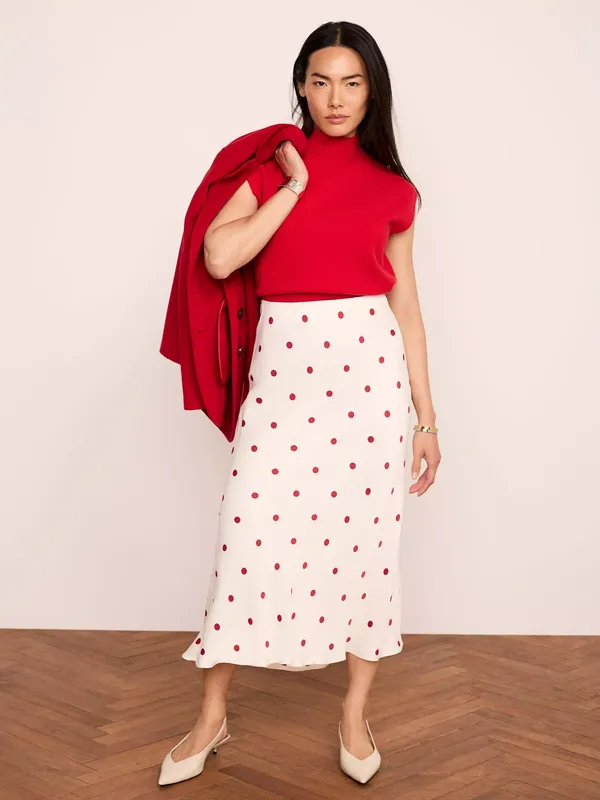Mint Velvet Polka Dot Slip Skirt, Cream/Red