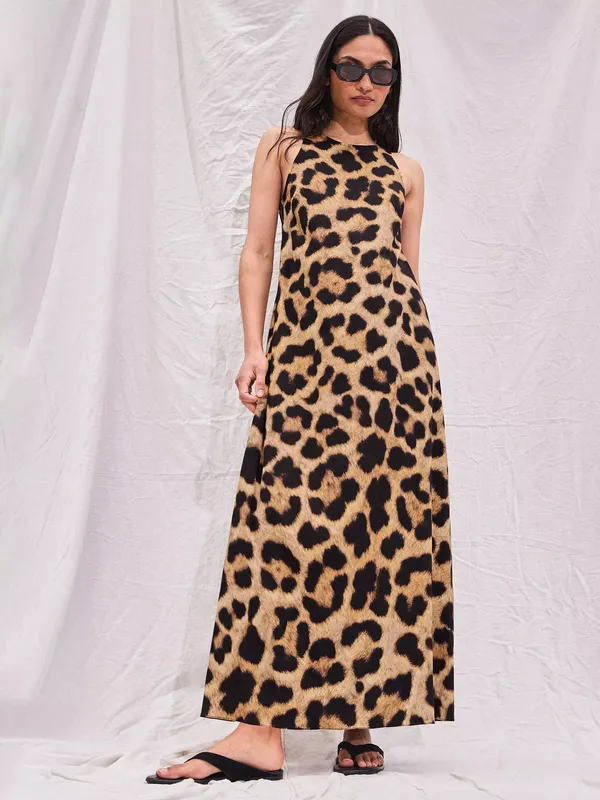 Ro&Zo Leopard Print Sleeveless A-Line Midi Dress, Brown