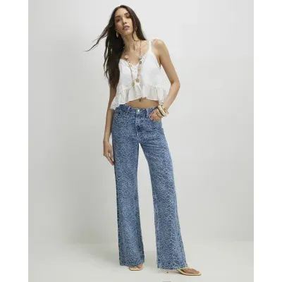 Blue Floral Print Relaxed Straight Jeans