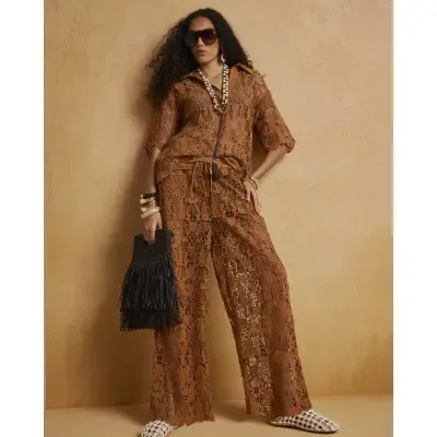 Brown Drawstring Crochet Trousers