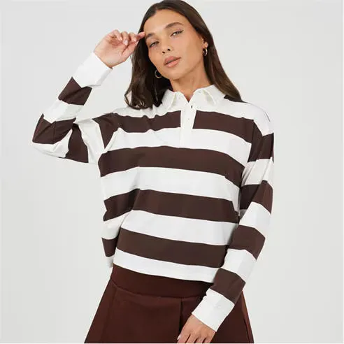 Brave Soul BS Womens Rugby Style Long Sleeve Top with Stripe