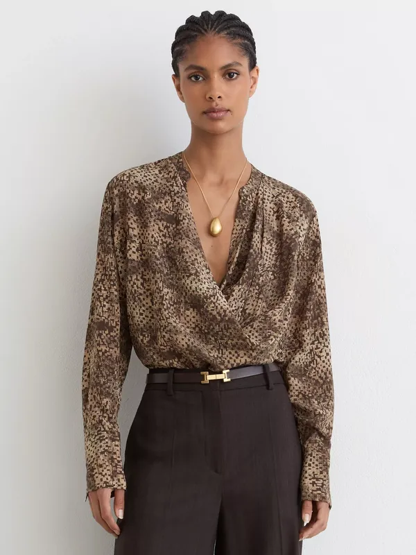 Reiss Laurie Matt Silk Animal Print Drape Neck Blouse, Brown