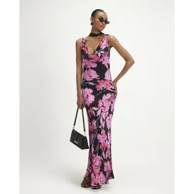 Black Jacquard Floral Cowl Neck Dress