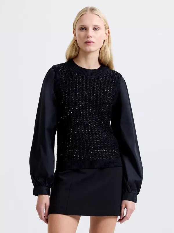 French Connection Sequin Bodice Jumper, Black