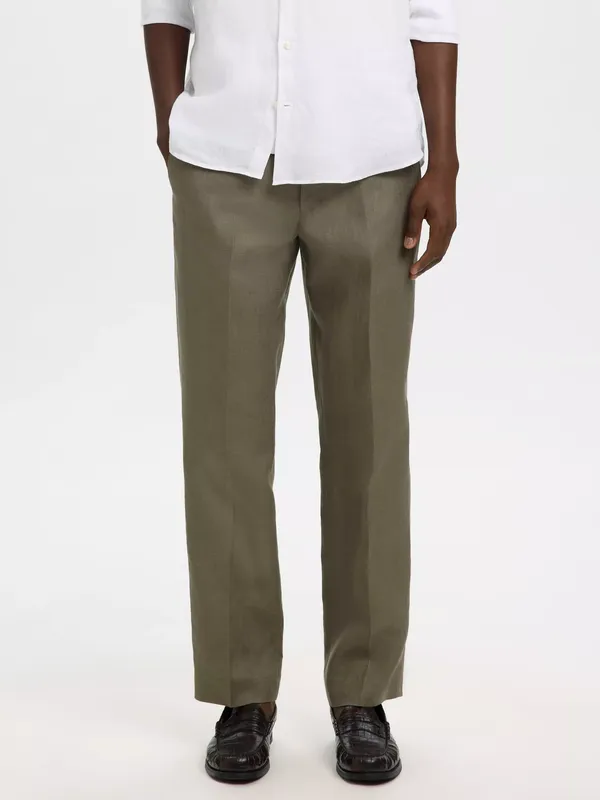 Selected Linen Straight Trousers, Olive Green