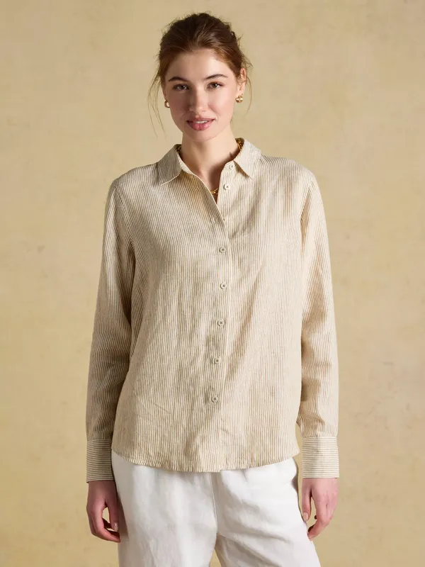 Joules Anna Stripe Linen Shirt, Tan/Ecru