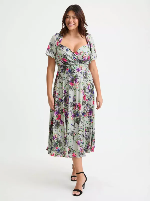 Scarlett & Jo Liz Floral Bolero Wrap Bodice Midi Dress, Silver Grey/Multi