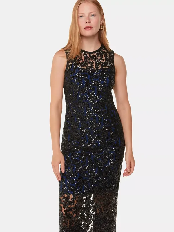 Whistles Lyra Floral Sequin Sleeveless Midi Dress, Black/Multi