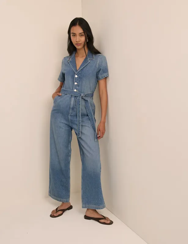 Nobody's Child Denim Belted Wide Leg Jumpsuit