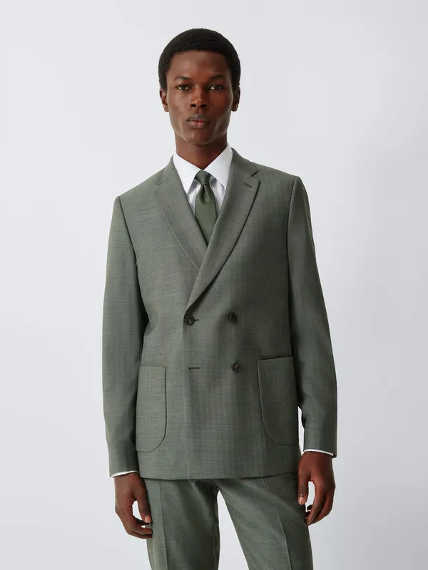John Lewis Herringbone Wool Double Breasted Slim Fit Suit Jacket, Green