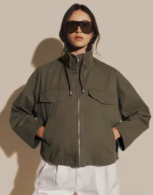 denim lightweight funnel neck jacket with drawstring detail in khaki